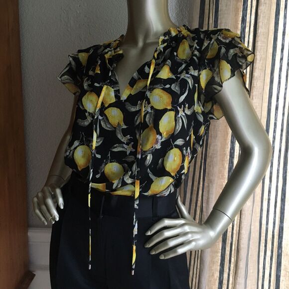 EUC White House Black Market Black Mesh Ruffle Lemon Top S - Picture 4 of 9